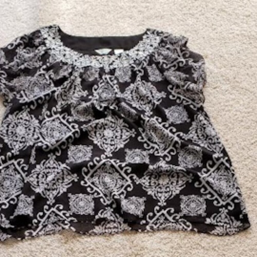 Laura Ashley White and Black Short Sleeved Blouse with Embroidery